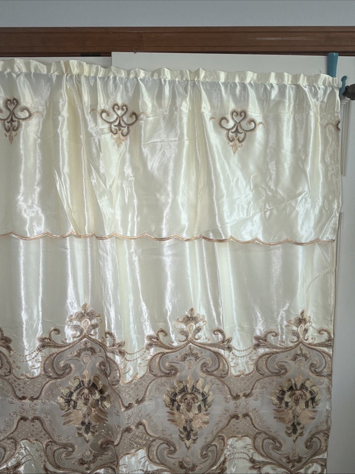 Pair (2) Curtain Panels Attached Valance Ivory Shimmer Satin Sheer Lace 54 X 87”