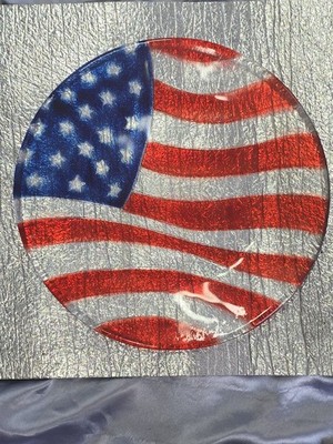 Vintage L E Smith Glasplatte Platte amerikanische Flagge Sterne Streifen USA 13''