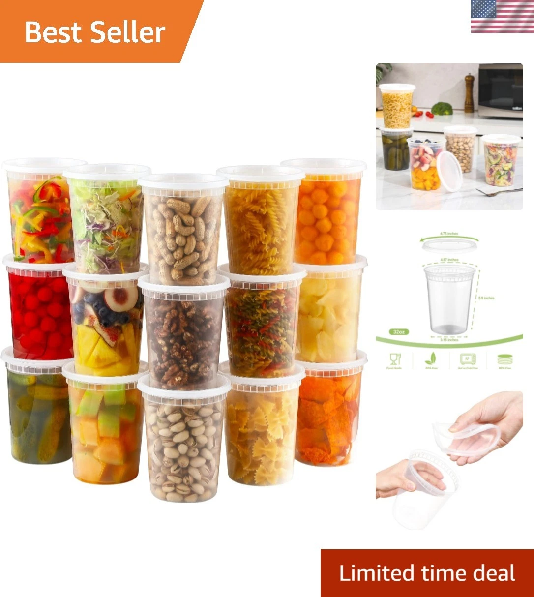 20 Sets 32 oz Plastic Deli Food Containers With Lids, Airtight Food Storage C...