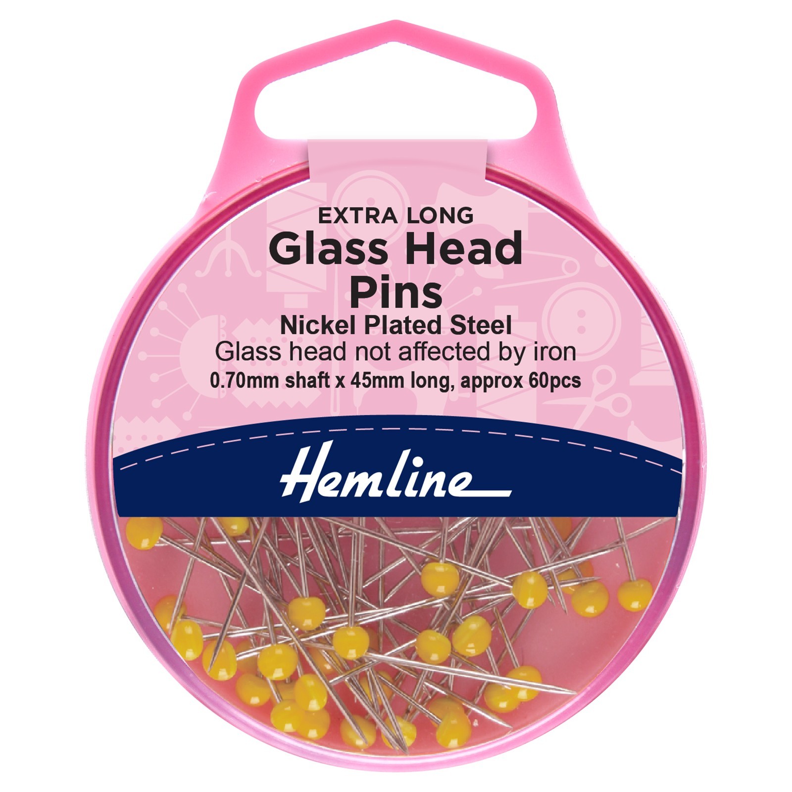 Hemline: Pins: Glass Head: 45mm: Nickel: 60 Pieces: Yellow