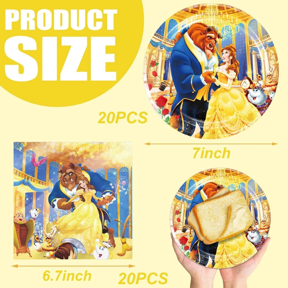 40 piezas de suministros para fiestas de La Bella y la Bestia incluyen 20 platos, 20 multicolores  Foto 4 de 4