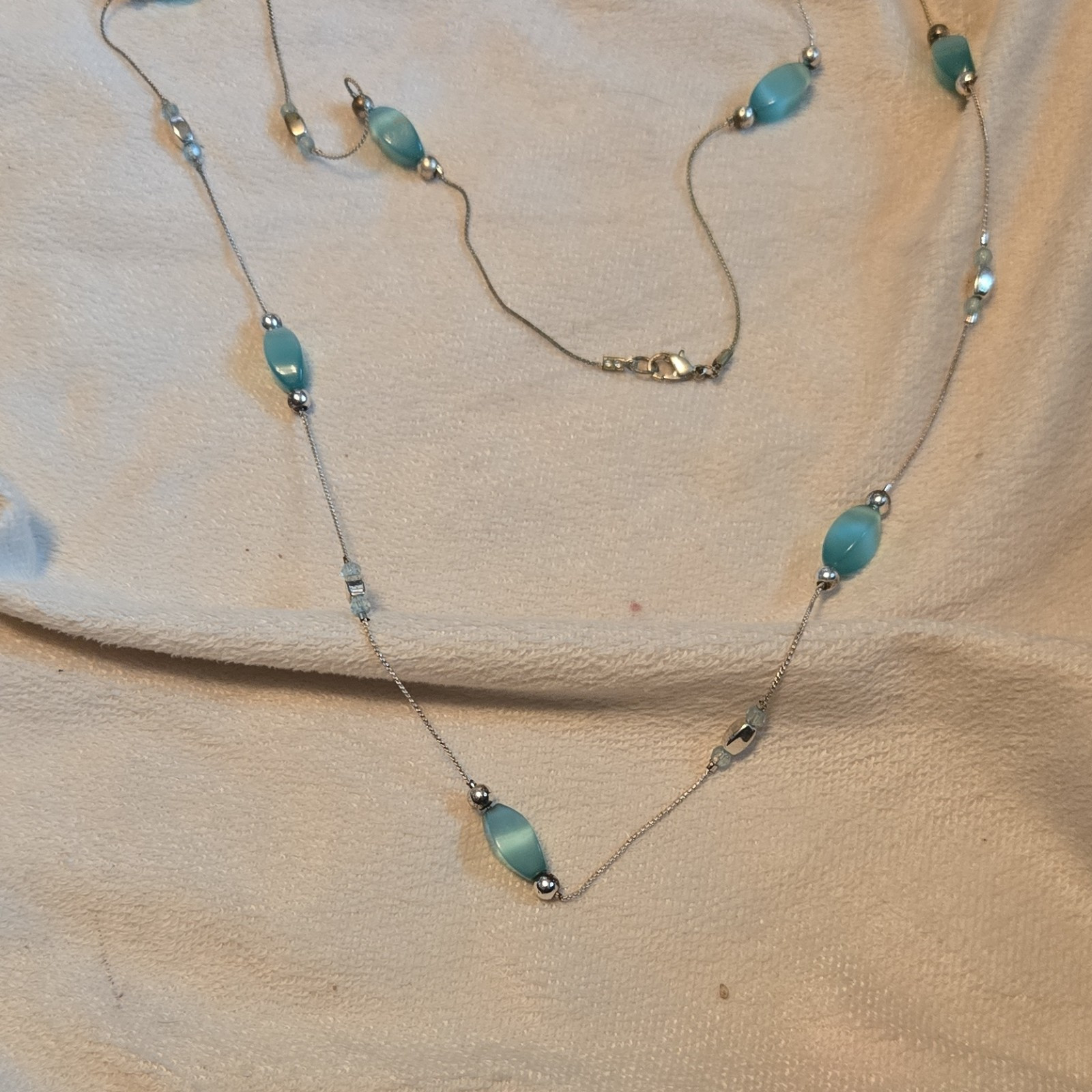 Silver Tone Blue Bead Chain Necklace Lobster Clasp Fashion Statement