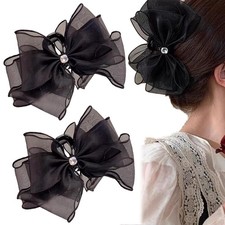 2 PCS Bow Hair Claw Clips Black Mesh Tulle Hair Clips With Diamond Large Swee...