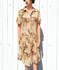 VTG 70 Dress M L Shift Botanical Branch Print Mod Dagger Collar Cottagecore MCM