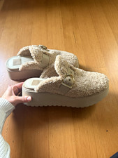 Dolce Vita Women's Beige Faux Fur Platform Clog Slippers Buckle Strap 9.5