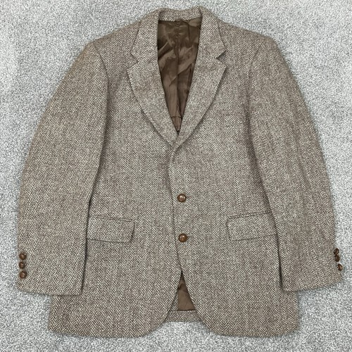 Stafford Harris Tweed Blazer Jacket Mens 44 Leather Two Button Wool Herringbone - Picture 1 of 18