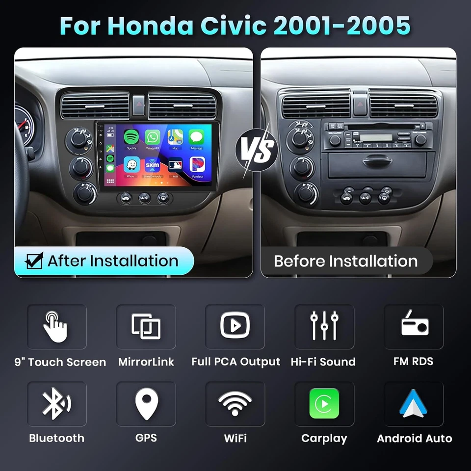 Apple Carplay For 2001-2005 Honda Civic Car Stereo Radio Android12 GPS Navi Wifi Foto 4 de 4