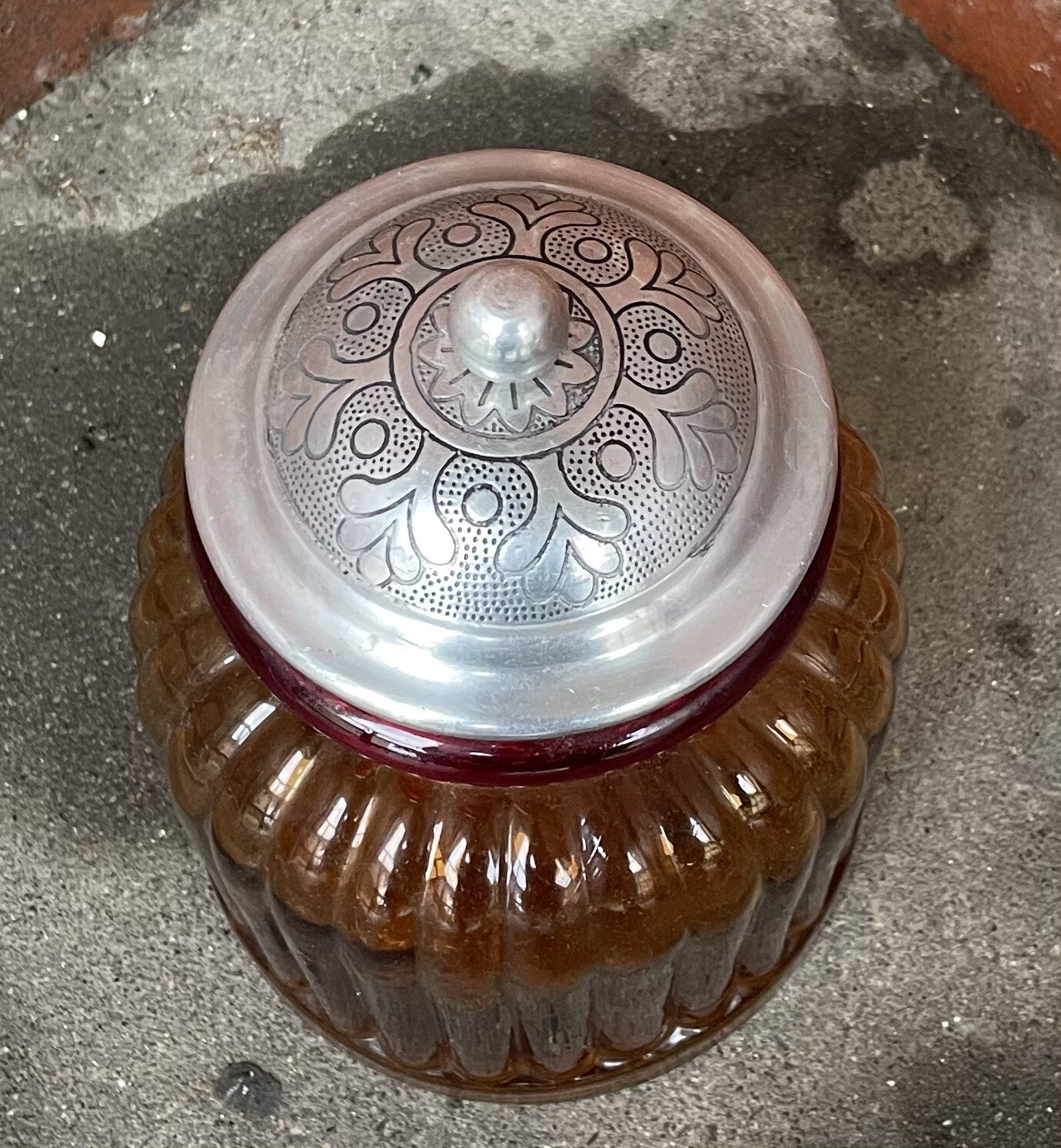 Vintage 9” Apothecary Amber/red Ribbed Glass Jar With Metal Decorative ...