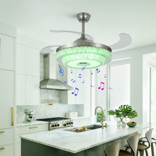 Bluetooth 42'' Crystal Ceiling Fan Light 7 Color Changes Music Player Chandelier - Picture 2 of 10