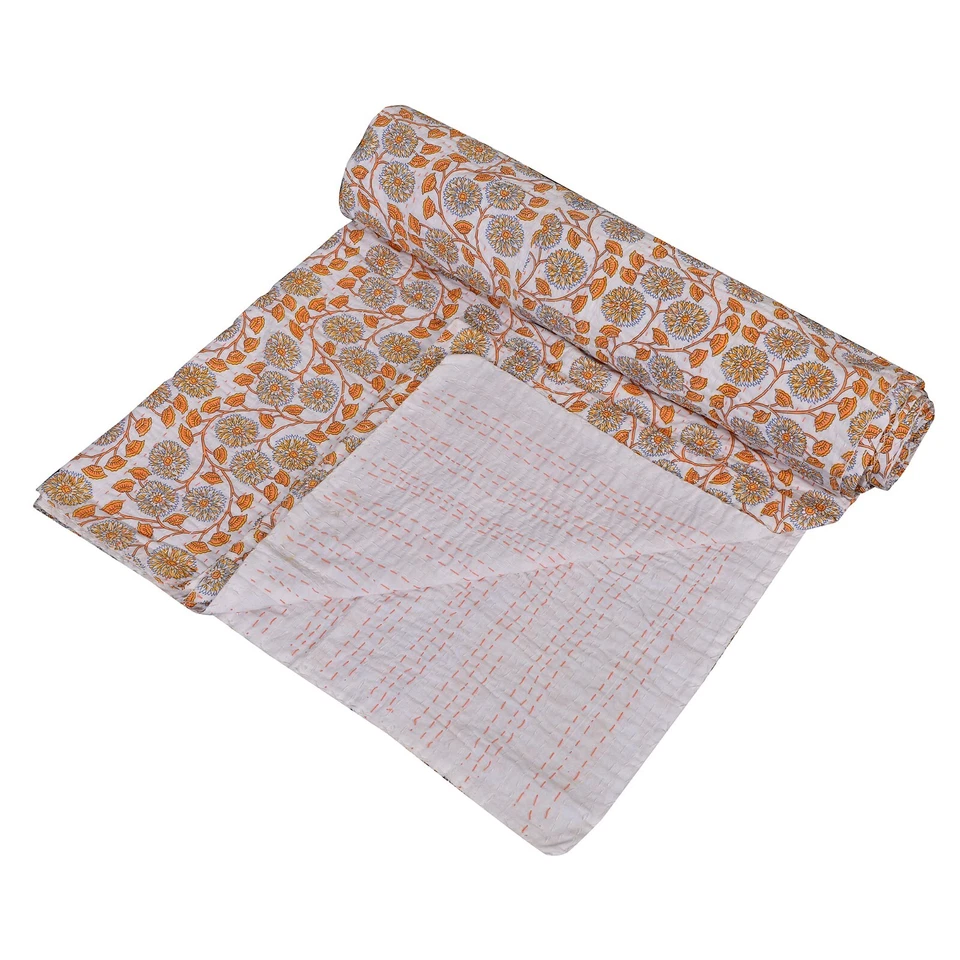 Colcha Kantha hecha a mano con estampado de bloques de rey indio manta colcha arte Foto 2 de 4