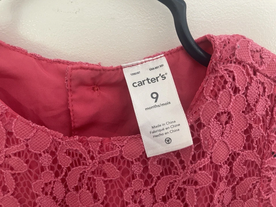 Vestido Carter's Bebé Niñas Sólido Rosa Caliente Floral Encaje Forrado Manga Corta Rosa 9 M Foto 2 de 4