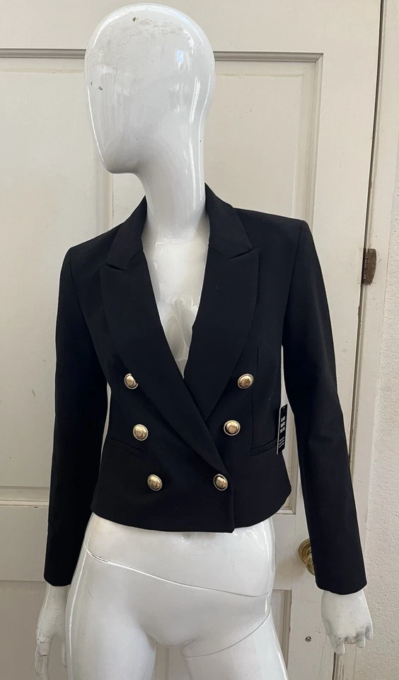 EXPRESS ¡NUEVO CON ETIQUETAS! Blazer Militar Negro Doble Pecho Novedad Botón Dorado Talla XS Foto 4 de 4