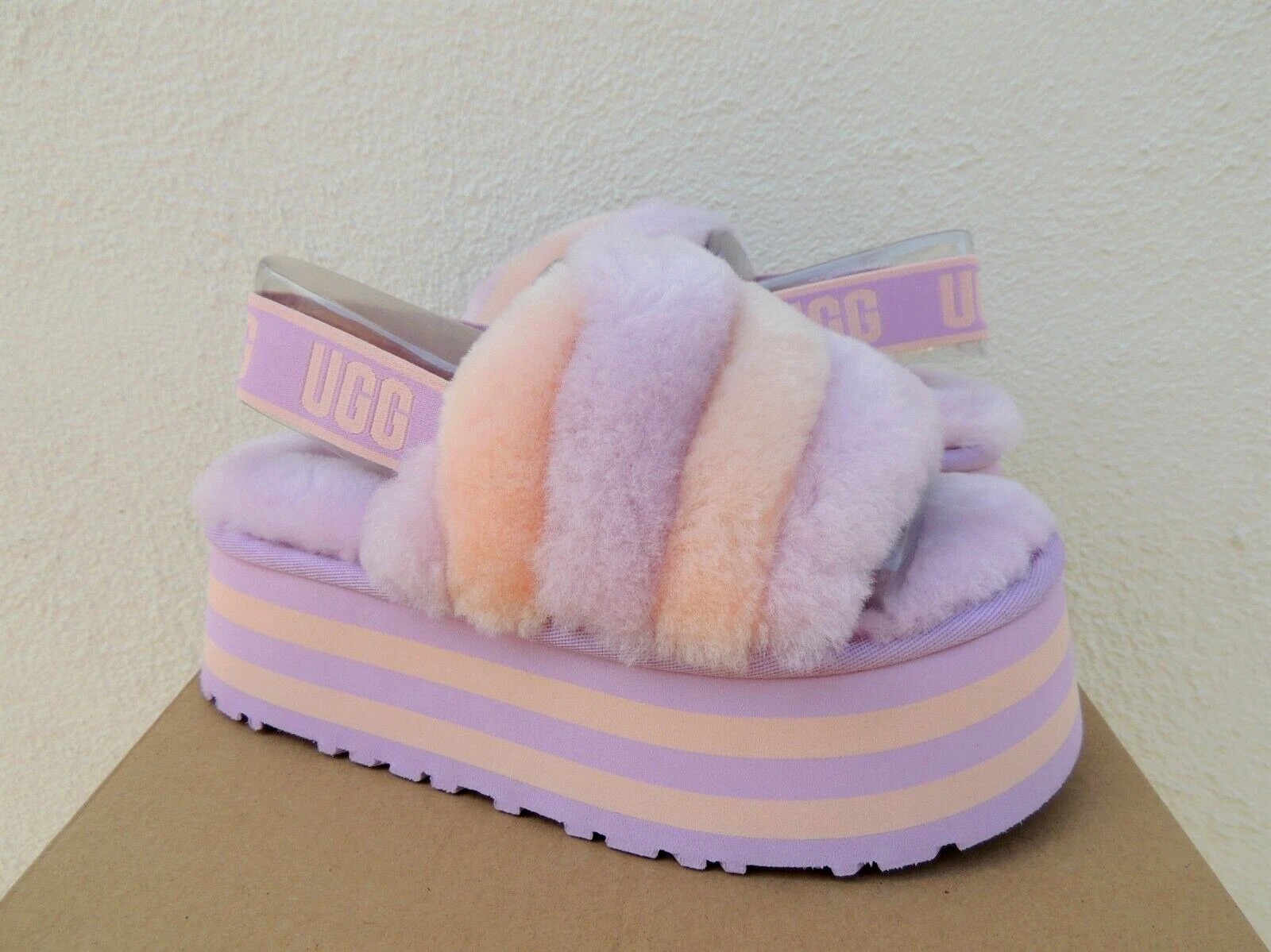 UGG PRIMROSE DUSK DISCO STRIPE COMBO FLUFF SLIDE SANDALI DONNA US 11 42 ~NUOVI