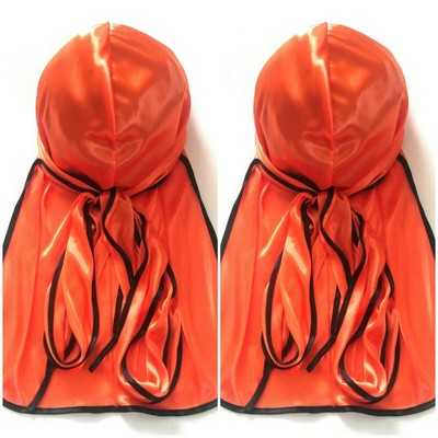 Men Orange Silky Durag 2 Set Black Trim Tie Back Doo Rag For