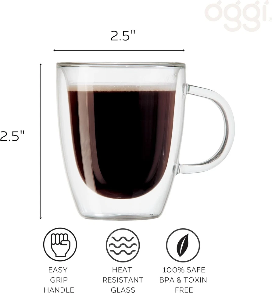 Juego de 2 tazas de bistró de vidrio borosilicato aislantes de doble pared Oggi (3 onzas) Foto 4 de 4