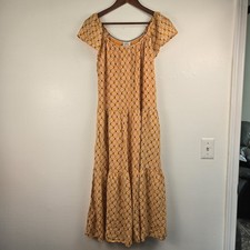 Knox Rose XS Tiered Maxi Dress Mustard Yellow Geometric Print Flutter Sleeve NWT