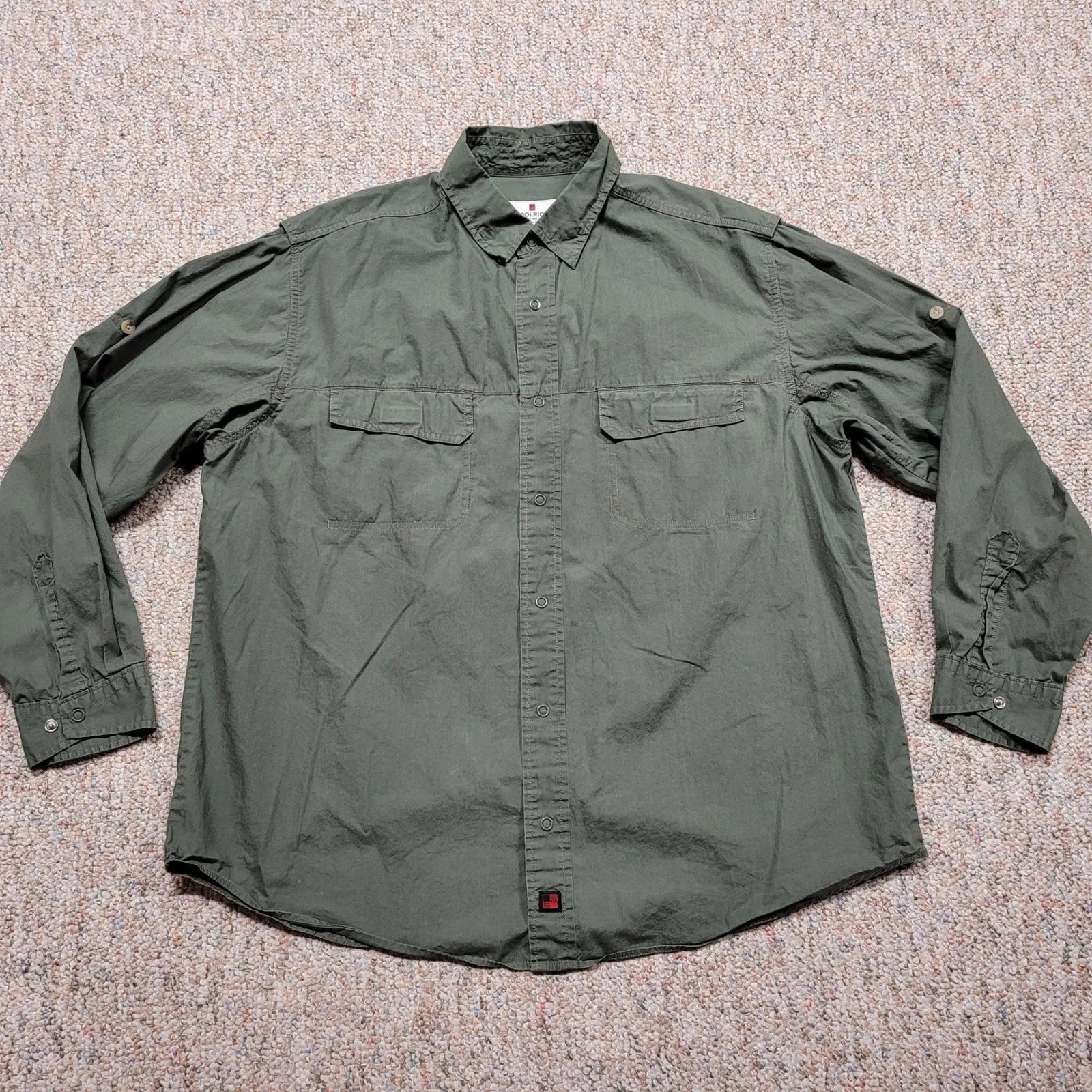 Woolrich Shirt Mens Large Green Snap Front Roll Tab Sleeve Hiking Vented Utility