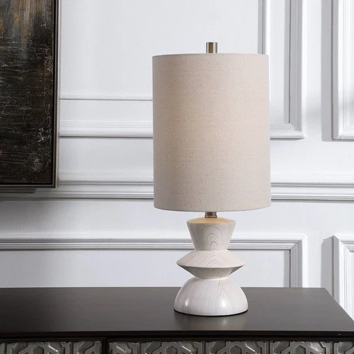 Modern Accent Table Lamp 23 1/2" High White Wood Tone Beige Shade Living Room - Picture 1 of 5