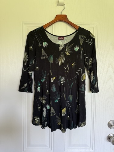 Salaam schwarz Rundhals geblümt 3/4 Arm fließend Tunika T-Shirt - M