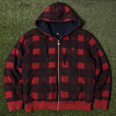 DC Shoes Vintage Red and Black Plaid Grunge Zip Up Hoodie Men's Size Large