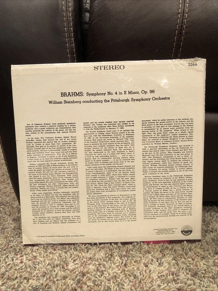 BRAHMS 4 In E Minor OPUS 98 William Steinberg Pittsburg SEALED NEW OG Vinyl LP - Image 2 of 4