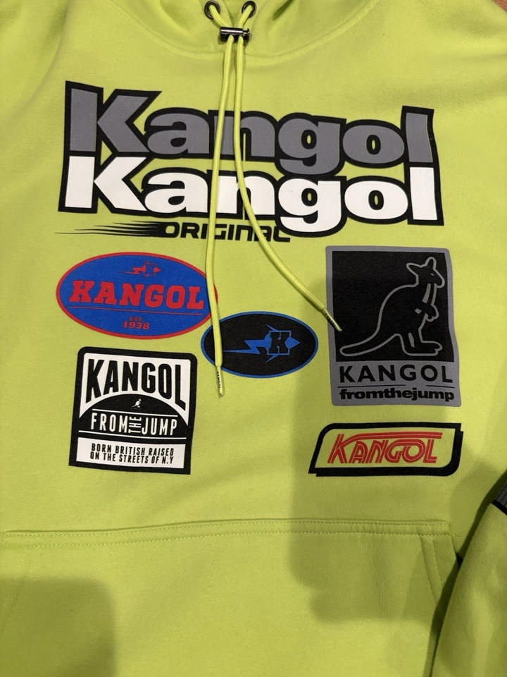 Sudadera con Capucha Grande KANGOL Hombres Carreras Logo Bordado Informal Rara Neón Foto 3 de 4