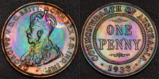 1933 Australia Penny Melbourne Mint STUNNING RAINBOW TONING OBV & REV (L56-1)