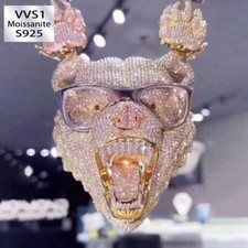 68*55mm 3D S925 Moissanite Sterling Silver Bear Pendant Paw Prints Link Chain