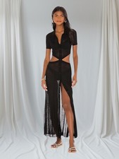 Devon Windsor Athena Sheer Midi Dress Size Large Black Short Sleeve NWT