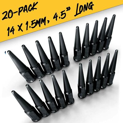 20 Pack of Hardened Black 14x1.5mm, 4.5'' Long Spike Lug Nuts Fits 5 Lug Vehicles