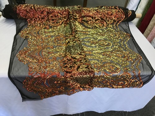 ORANGE PRINCESS IRIDESCENT SEQUINS ON A 4 WAY STRETCH BLACK MESH-SOLD BY YARD. - Picture 8 of 8