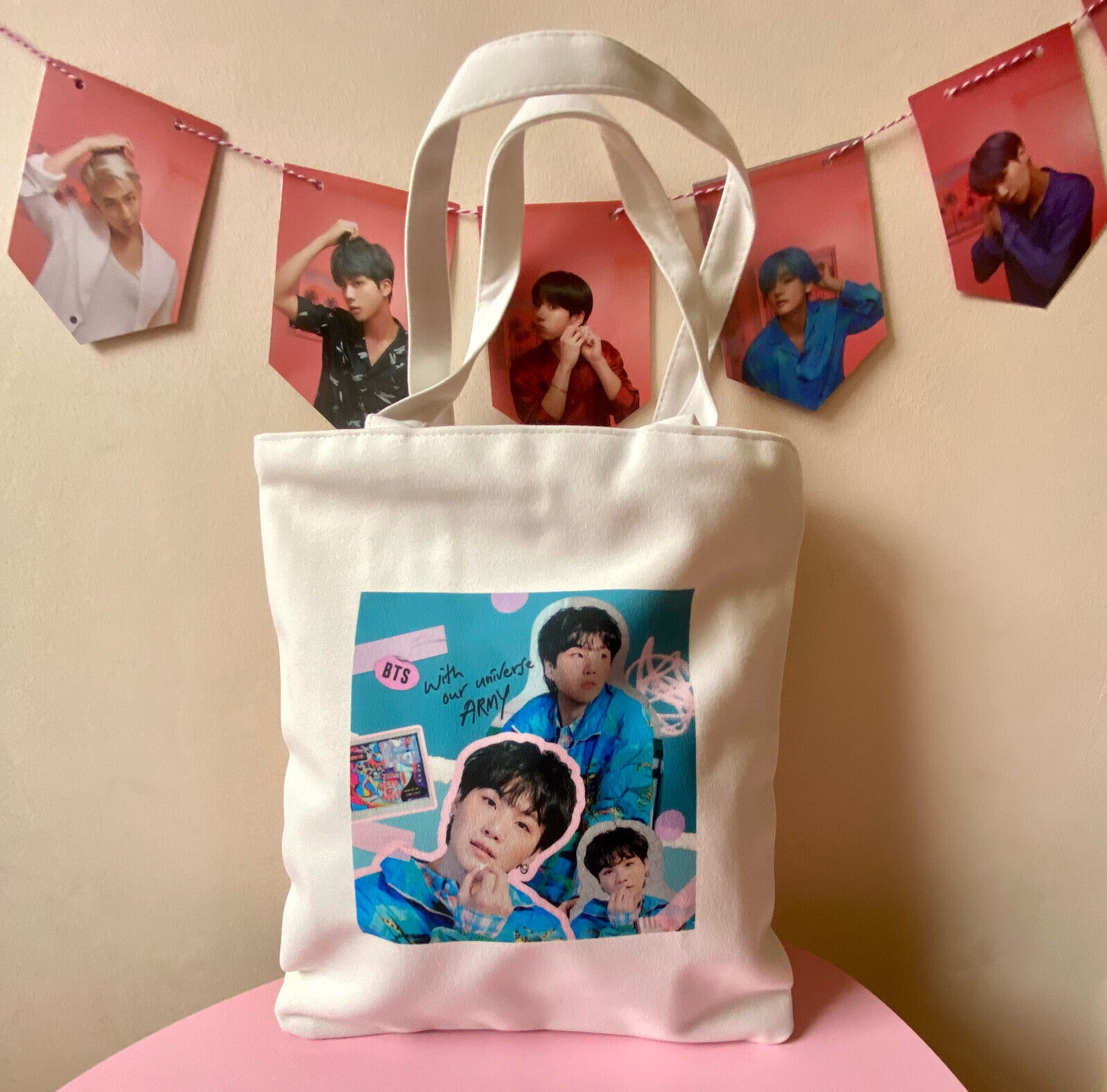 BTS SUGA tote shopping bag with zip, Deco Kit design. Yoongi Bangtan, ARMY gift