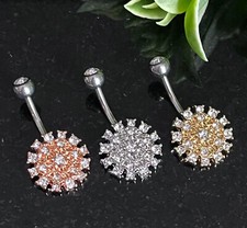 1pc CZ Gem Paved Round Shield 316L Surgical Steel Belly Ring Navel Naval