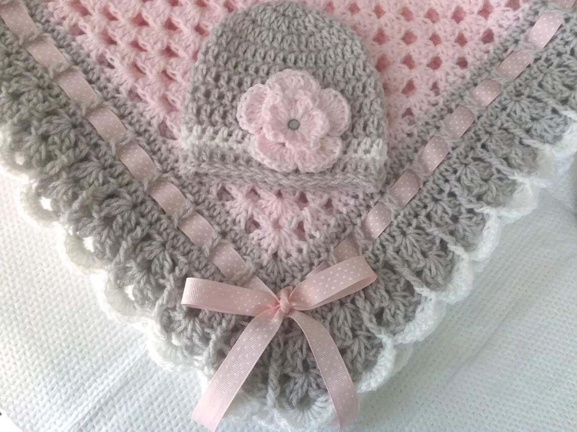 Grey and white crochet baby blanket sales
