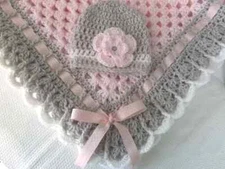 Crochet Baby Blanket Set, Matching Hat, Booties in Light Pink, Gray Baby Shower