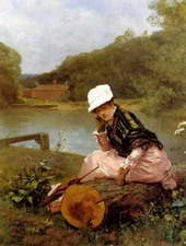 Oil painting ferdinand heilbuth - faraway thoughts young lady landscape canvas