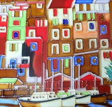European scene hand painted ceramic art tile 8 x 8 inches with fiberboard back