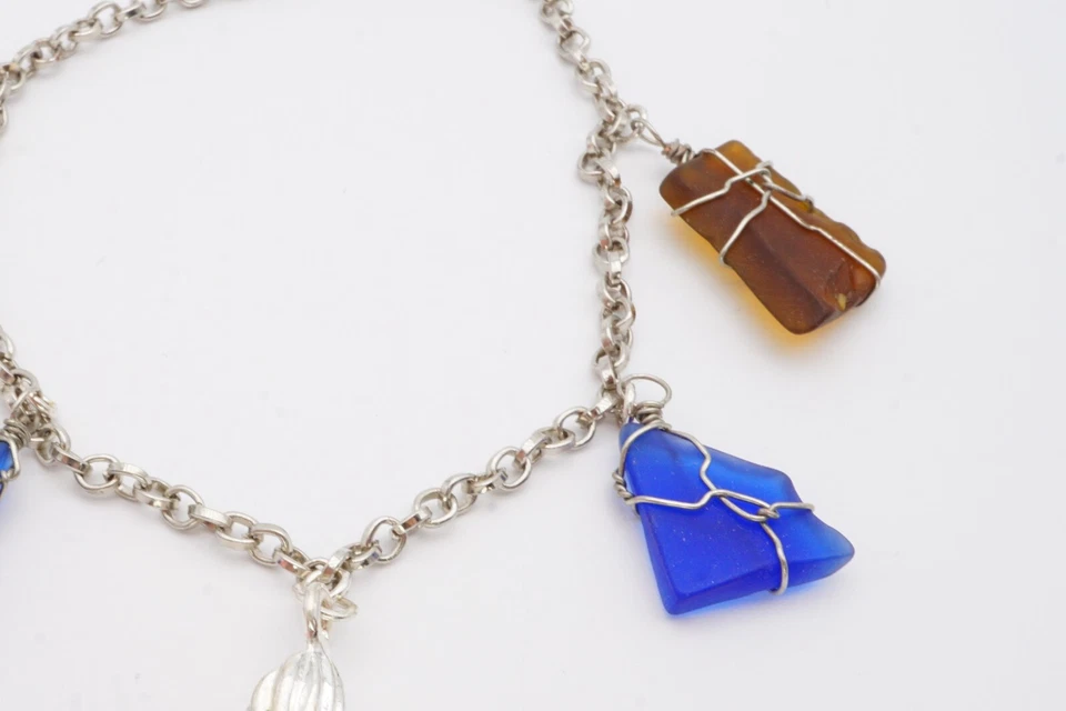 Pulsera tobillera tono plata playa cristal concha marina encanto 9" Foto 2 de 4