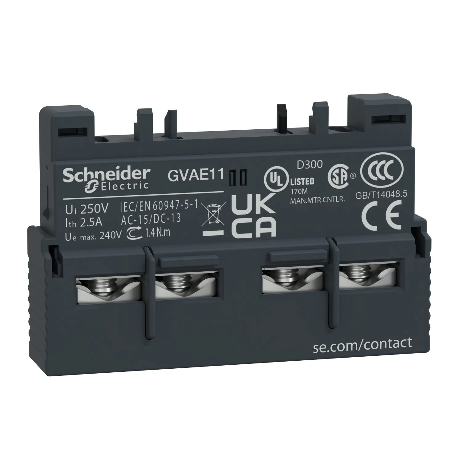 Schneider GVAE11 TeSys Deca Auxiliary Contact Block 1NO+1NC Front Mount GV2