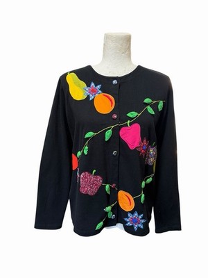 VTG Michael Simon Appliqué Embroidered Black Cardigan Sweater Fruit Womens Small