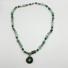 Green Beaded Necklace Of Stone, Glass And Metal Beads 21  