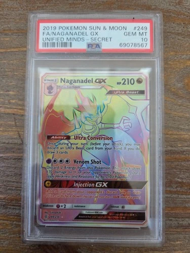 2019 POKEMON SUN & MOON UNIFIED MINDS SECRET #249 FULL ART NAGANADEL GX PSA 10