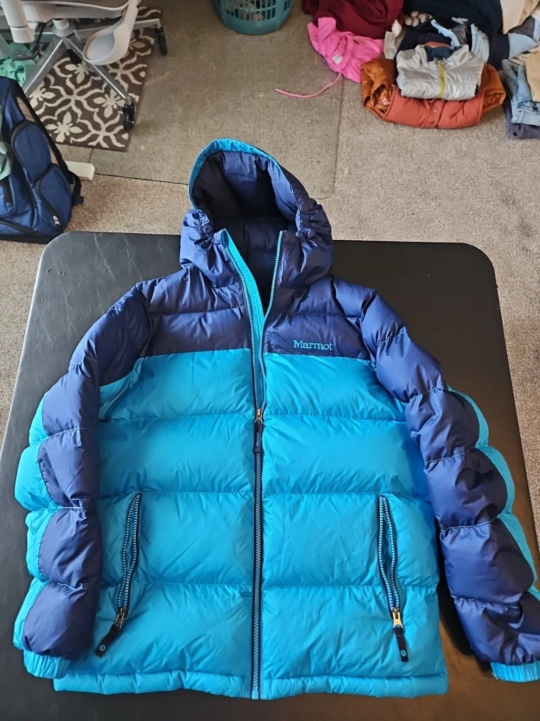 Marmot Puffer Jacket Youth XL Blue 700 Fill Guides Down Hooded Full Zip Coat