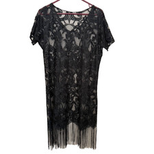 Retro Black Sheer Lace Fringe Hem Dress M Coverup Boho Flapper Gatsby Jazz Age