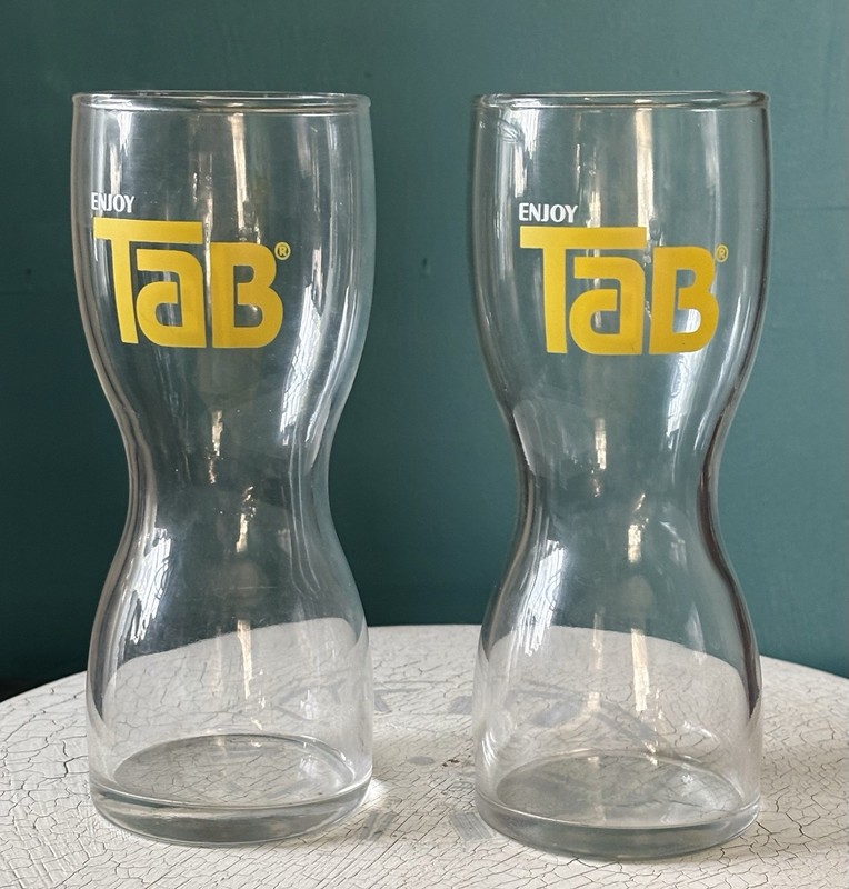 Set Of 2 Vintage ENJOY TAB Glasses Hourglass Shape Retro 1970s Drink Glass