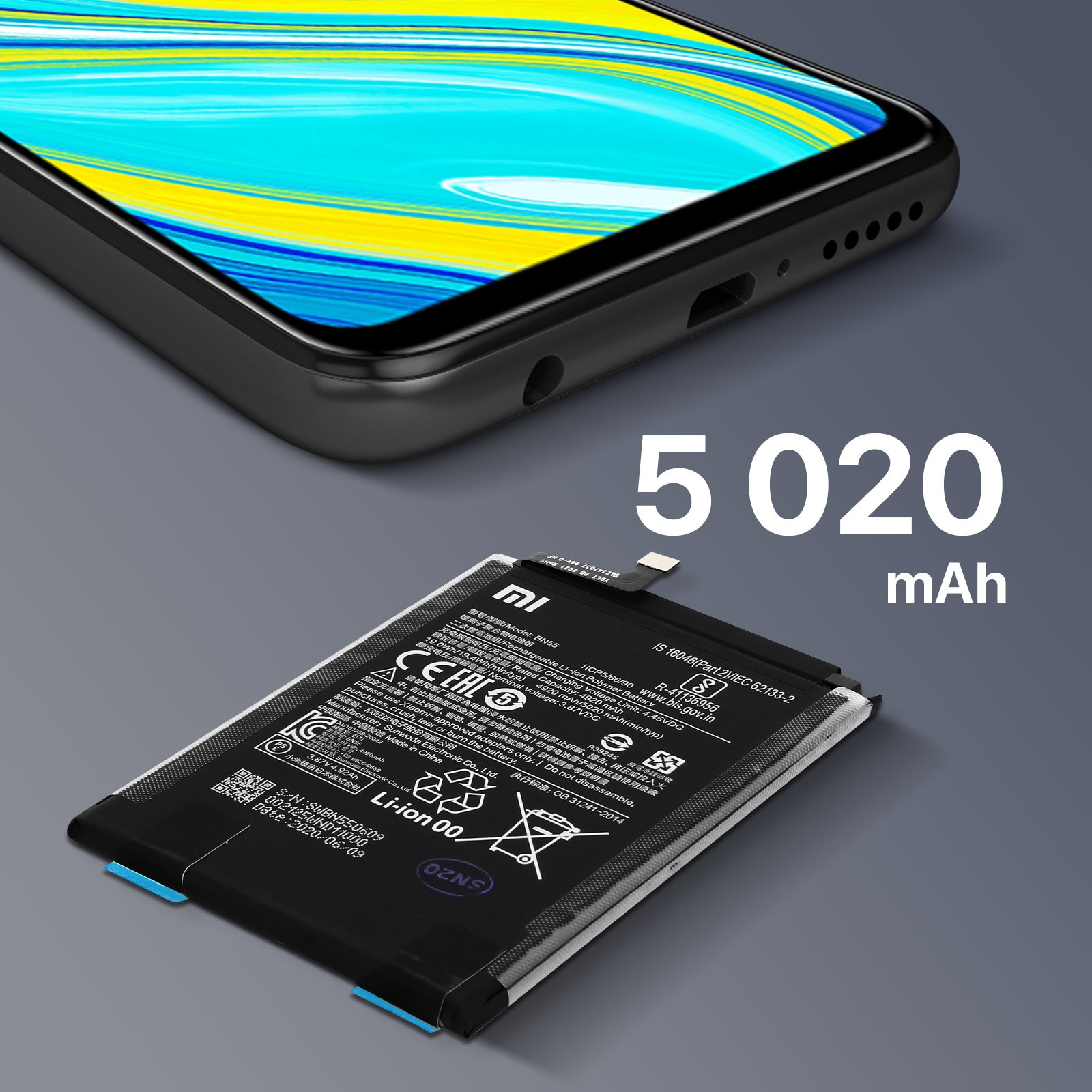 Batteria originale Xiaomi Redmi Note 9S haute capacité 5020mAh BN55 durable