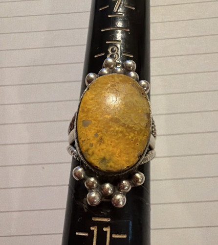 Silver Cocktail Ring with Oval Yellow Jasper Cabochon Bezel Set, Size 10