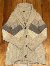 Free People Ivory Gray Wool Blend ChunkyKnit Shawl Cardigan Sweater Size S