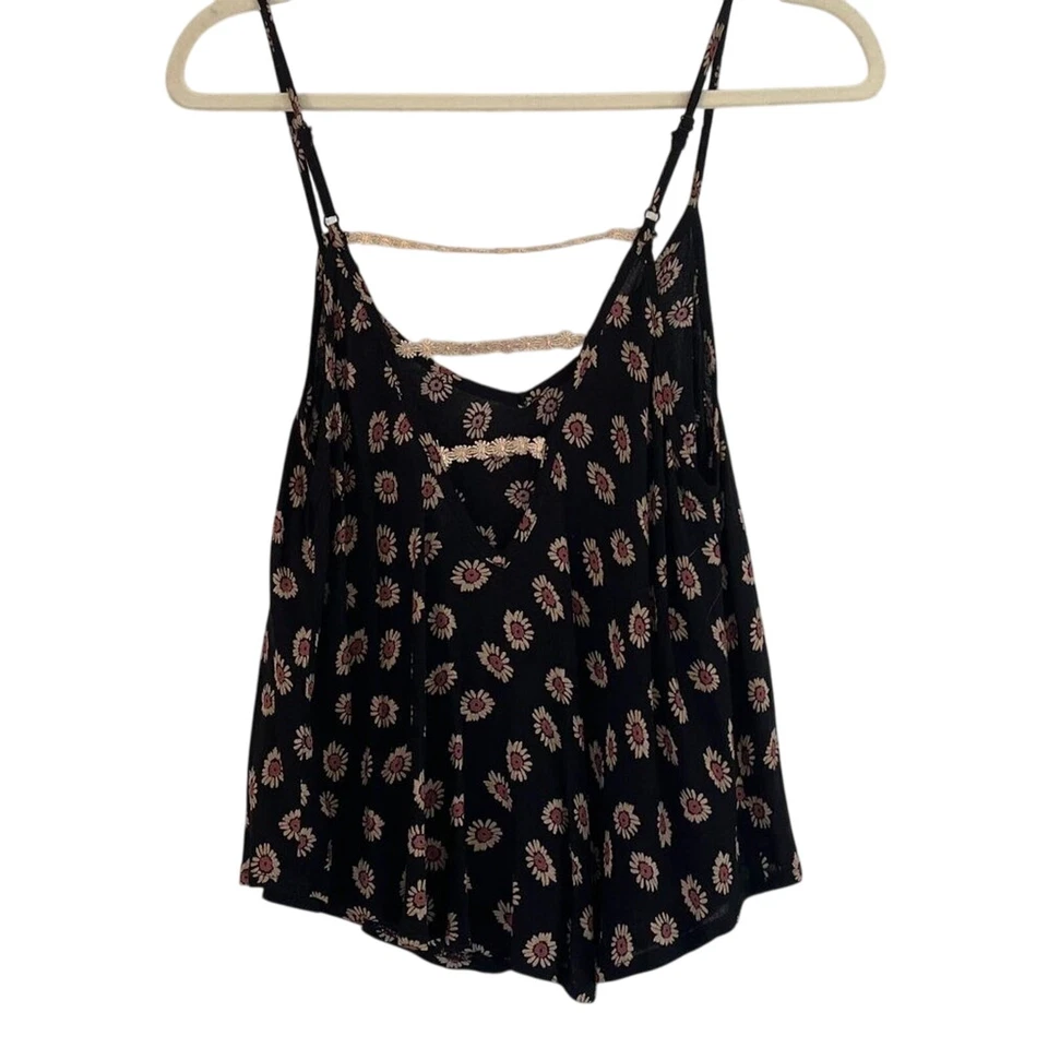Lush Black, Pink, Floral Feminine Daisy Boho Camisole Spaghetti Strap Top, S - Image 3 of 4