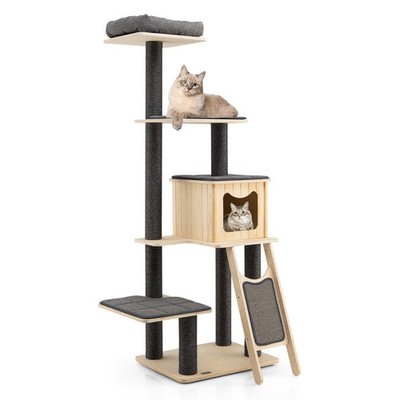 69 in Modern Wood Cat Tree 5-Tier Tall Cat Tower w/ Washable Cushions